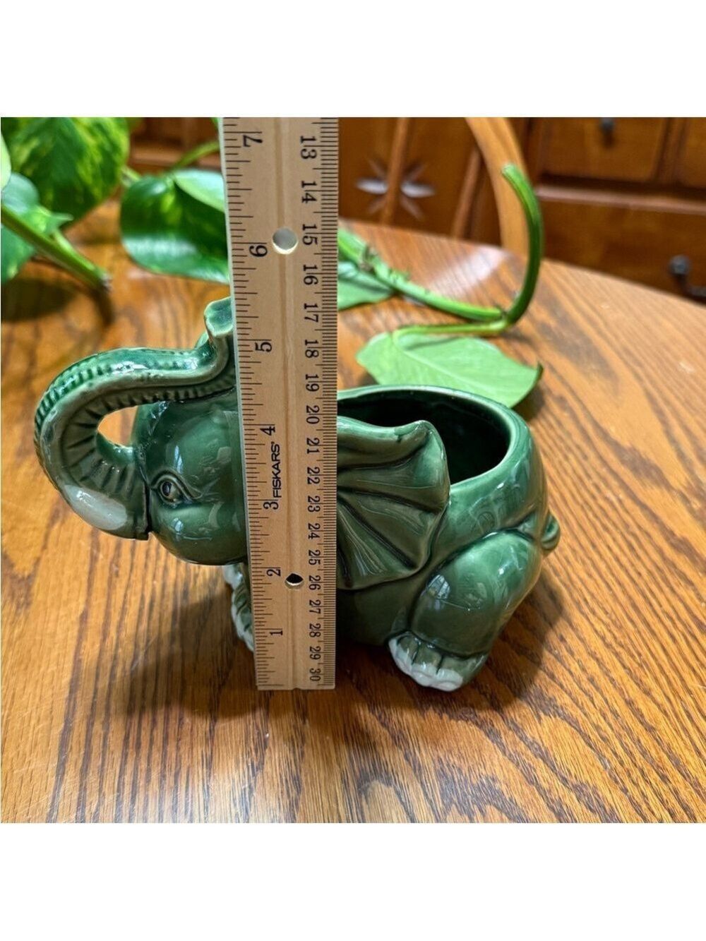 VTG Green Elephant Glazed Ceramic Planter Pot Good Luck Trunk Up - Picture 6 of 7